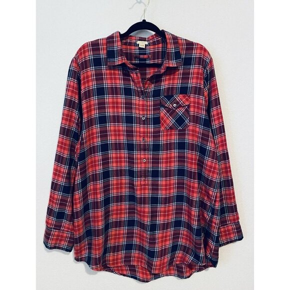 J Crew Top Womens XL Pink Blue Plaid Popover Tunic Metallic Roll Tab Sleeve - Picture 1 of 8